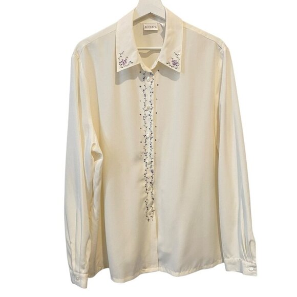 Vintage Koret Floral Embroidered Ladies Collared Button Down Shirt Coquette Girl - Picture 1 of 16